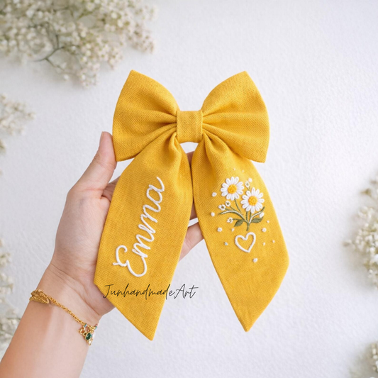 Personalized Linen Hair Bow – Hand Embroidered Flower Bow with Initial – Custom Name Text Bow for Girls, Handmade Hairpin Bow for Girl