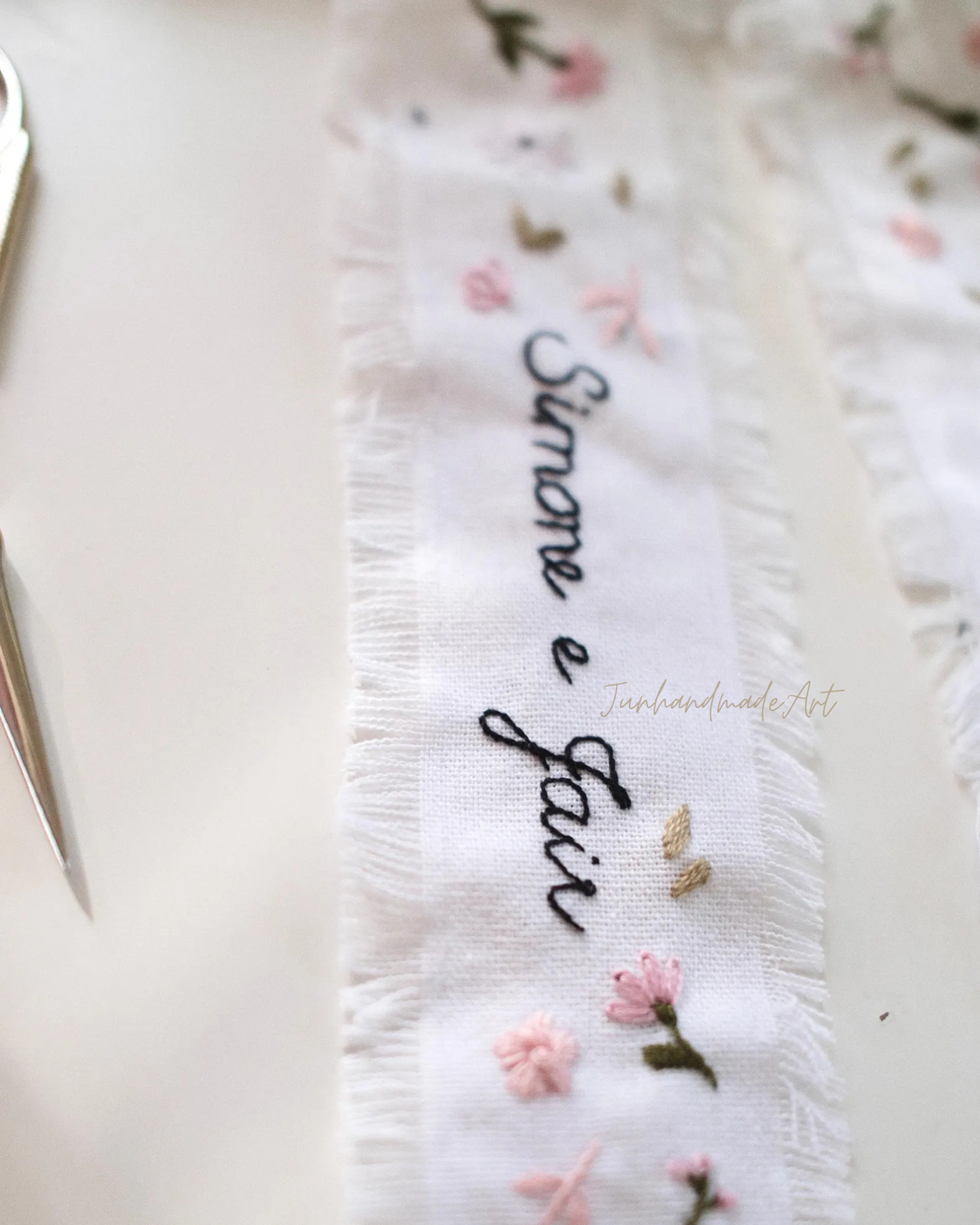 Personalized Embroidered Wedding Ribbon – Custom Linen Tie for Bouquet or Hair, Hand-stitched with Names & Date, Bridal Keepsake Gift