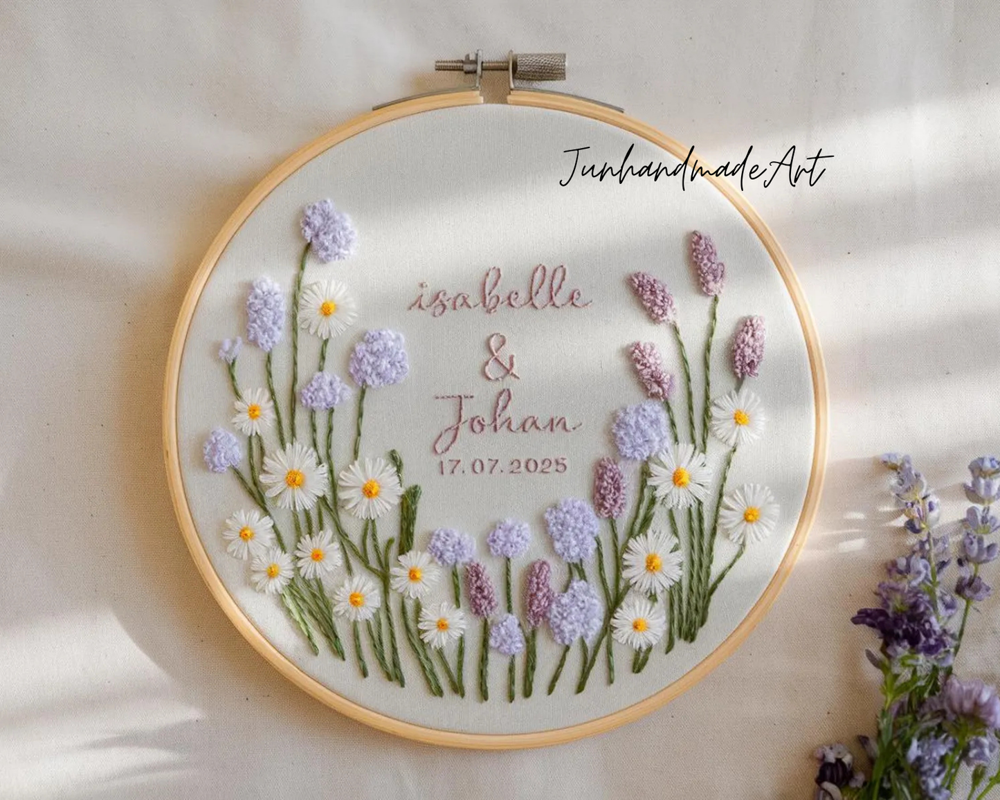 Custom Wedding Embroidery Hoop with Flowers and Names – Personalized Hand Embroidered Wildflowers Gift for Couple, Anniversary