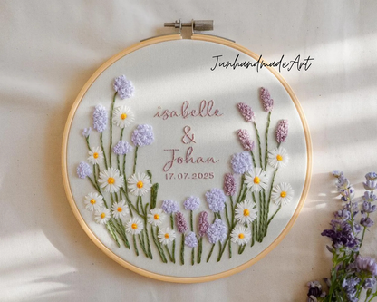 Custom Wedding Embroidery Hoop with Flowers and Names – Personalized Hand Embroidered Wildflowers Gift for Couple, Anniversary