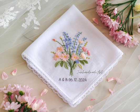Embroidered Wedding Handkerchief – Custom Floral Hankie for Bride, Bridal Gift, Personalized with Name & Date, Gift for Bride