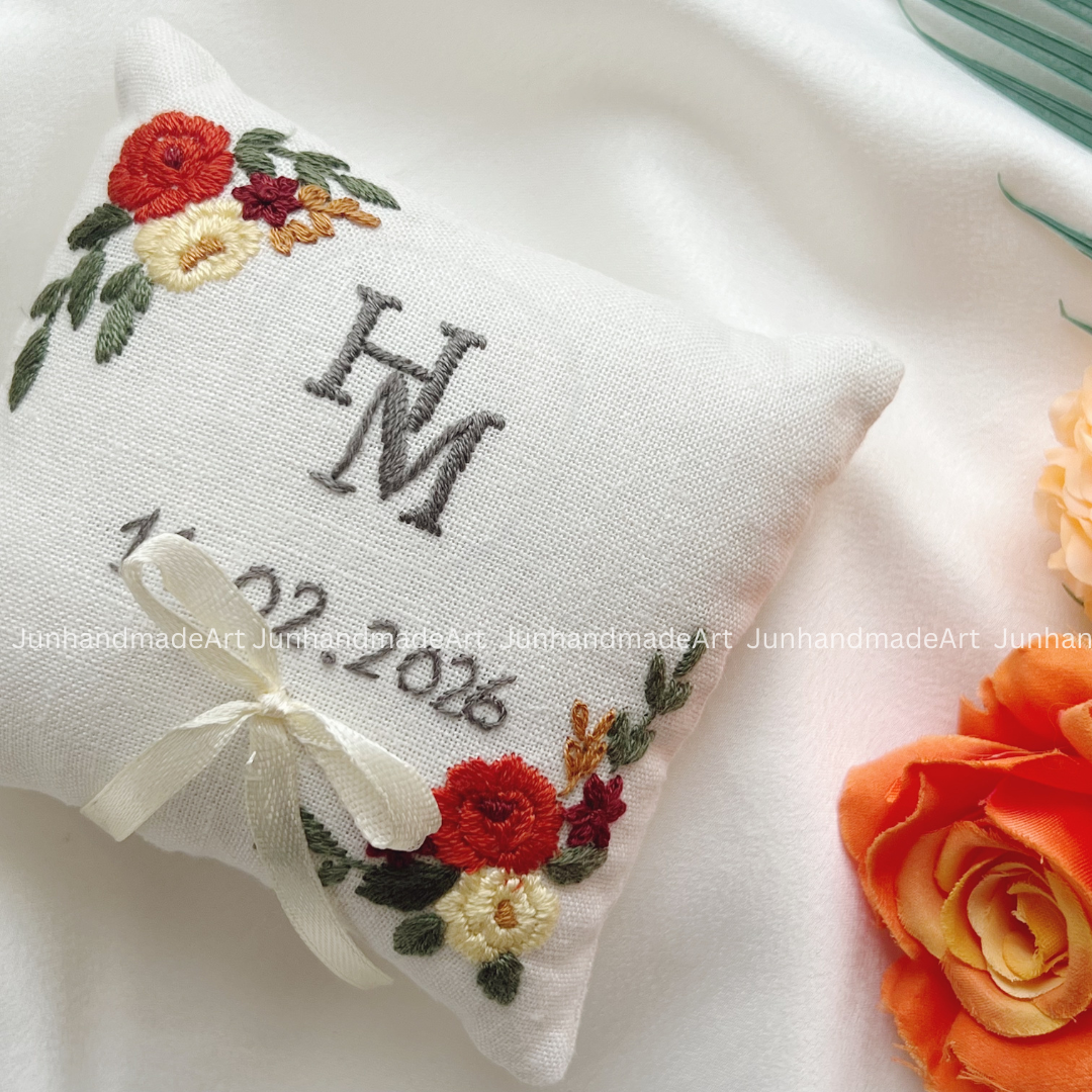 Blooming Flowers Bearer Pillow Linen Wedding Cushion Hand Embroidery Ring Holder Floral Ring Pillow Wedding Gift