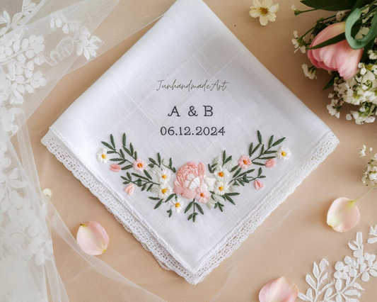 Embroidered Wedding Handkerchief – Custom Floral Hankie for Bride, Bridal Gift, Personalized with Name & Date, Gift for Bride