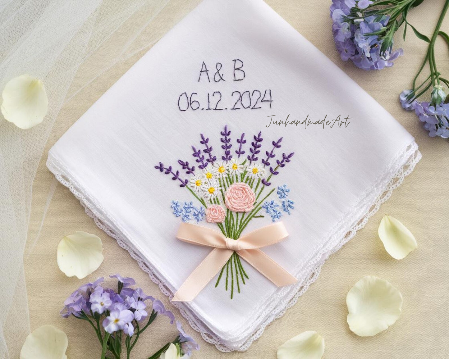 Embroidered Wedding Handkerchief – Custom Floral Hankie for Bride, Bridal Gift, Personalized with Name & Date, Gift for Bride