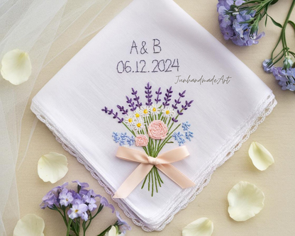 Embroidered Wedding Handkerchief – Custom Floral Hankie for Bride, Bridal Gift, Personalized with Name & Date, Gift for Bride