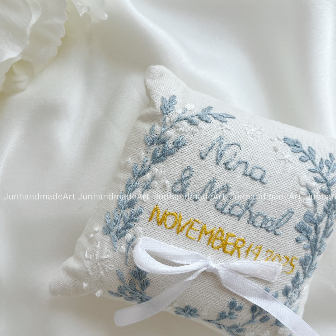 Dedicate Flowers Wreath Bearer Pillow Linen Wedding Cushion Hand Embroidery Ring Holder Floral Ring Pillow Wedding Gift