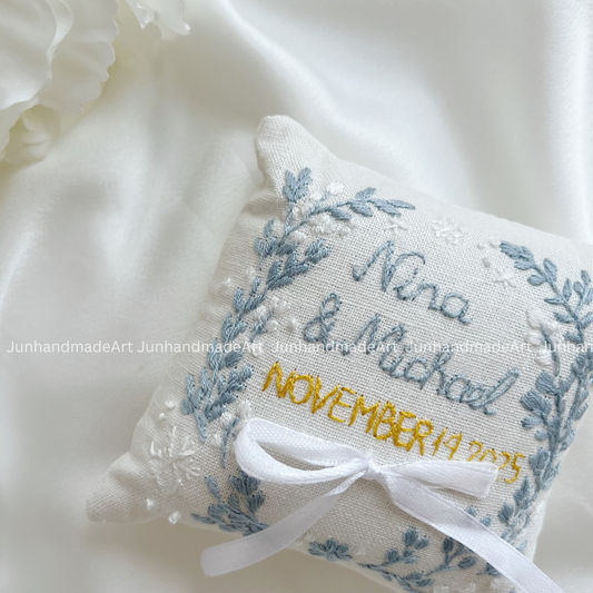 Dedicate Flowers Wreath Bearer Pillow Linen Wedding Cushion Hand Embroidery Ring Holder Floral Ring Pillow Wedding Gift