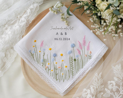 Embroidered Wedding Handkerchief – Custom Floral Hankie for Bride, Bridal Gift, Personalized with Name & Date, Gift for Bride