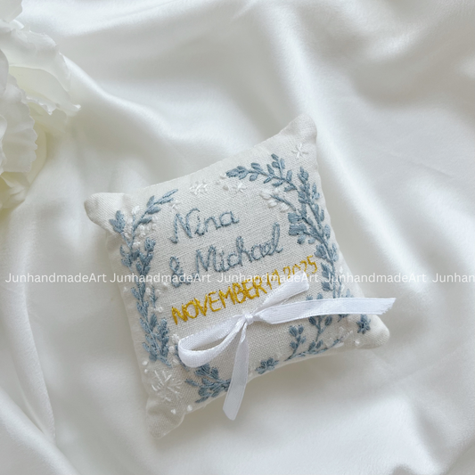 Dedicate Flowers Wreath Bearer Pillow Linen Wedding Cushion Hand Embroidery Ring Holder Floral Ring Pillow Wedding Gift