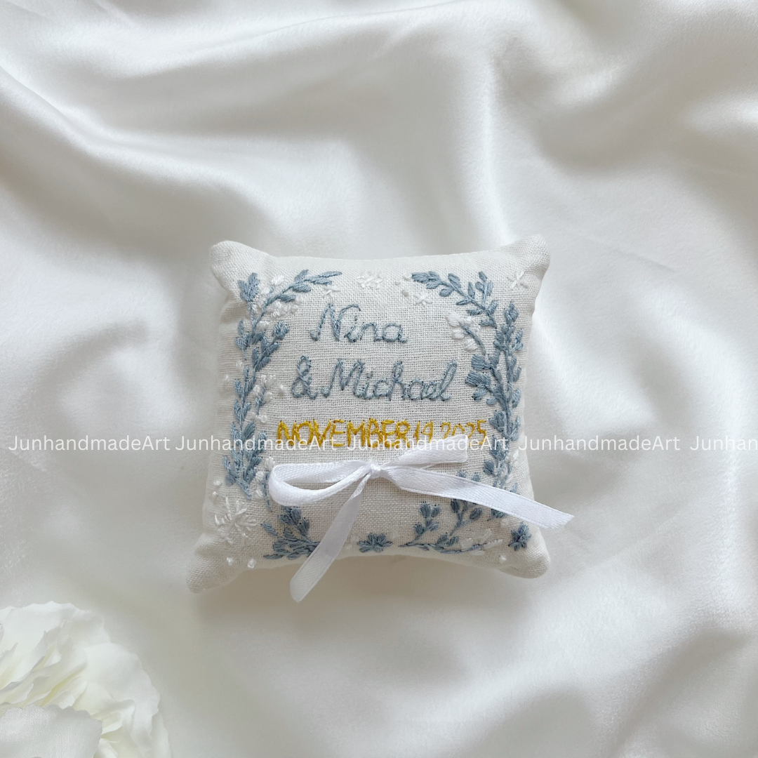 Dedicate Flowers Wreath Bearer Pillow Linen Wedding Cushion Hand Embroidery Ring Holder Floral Ring Pillow Wedding Gift