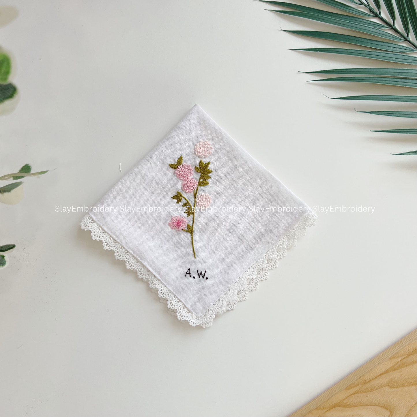 Soft Pink Bloom Wedding Handkerchief, Custom Embroidered Handkerchief, Linen Handkerchiefs