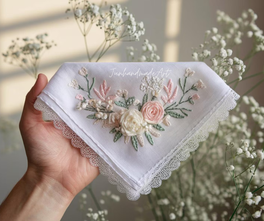 Embroidered Wedding Handkerchief – Custom Floral Hankie for Bride, Bridal Gift, Personalized with Name & Date, Gift for Bride