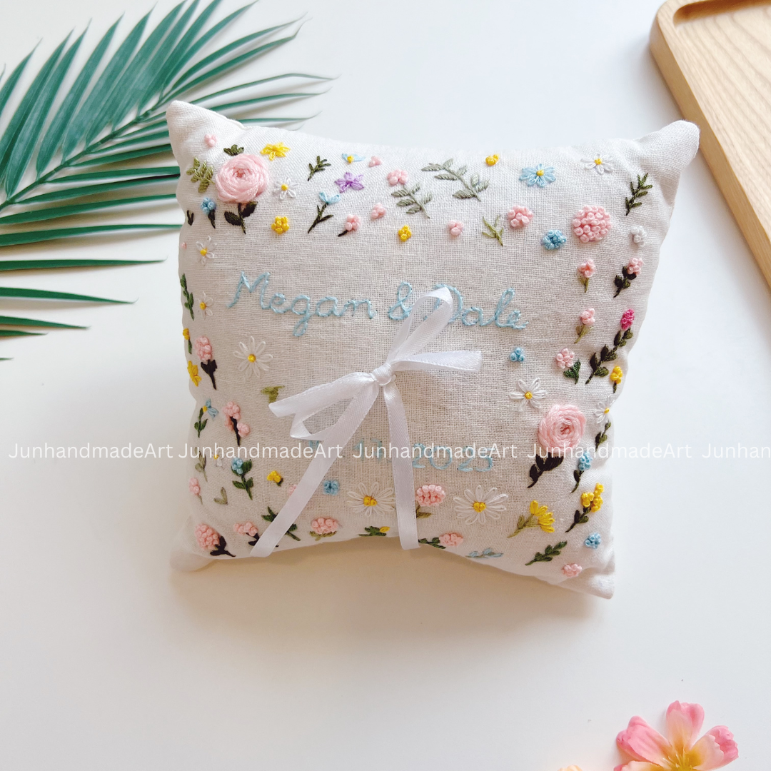 Pastel Little Flowers Bearer Pillow Linen Wedding Cushion Hand Embroidery Ring Holder Floral Ring Pillow Wedding Gift