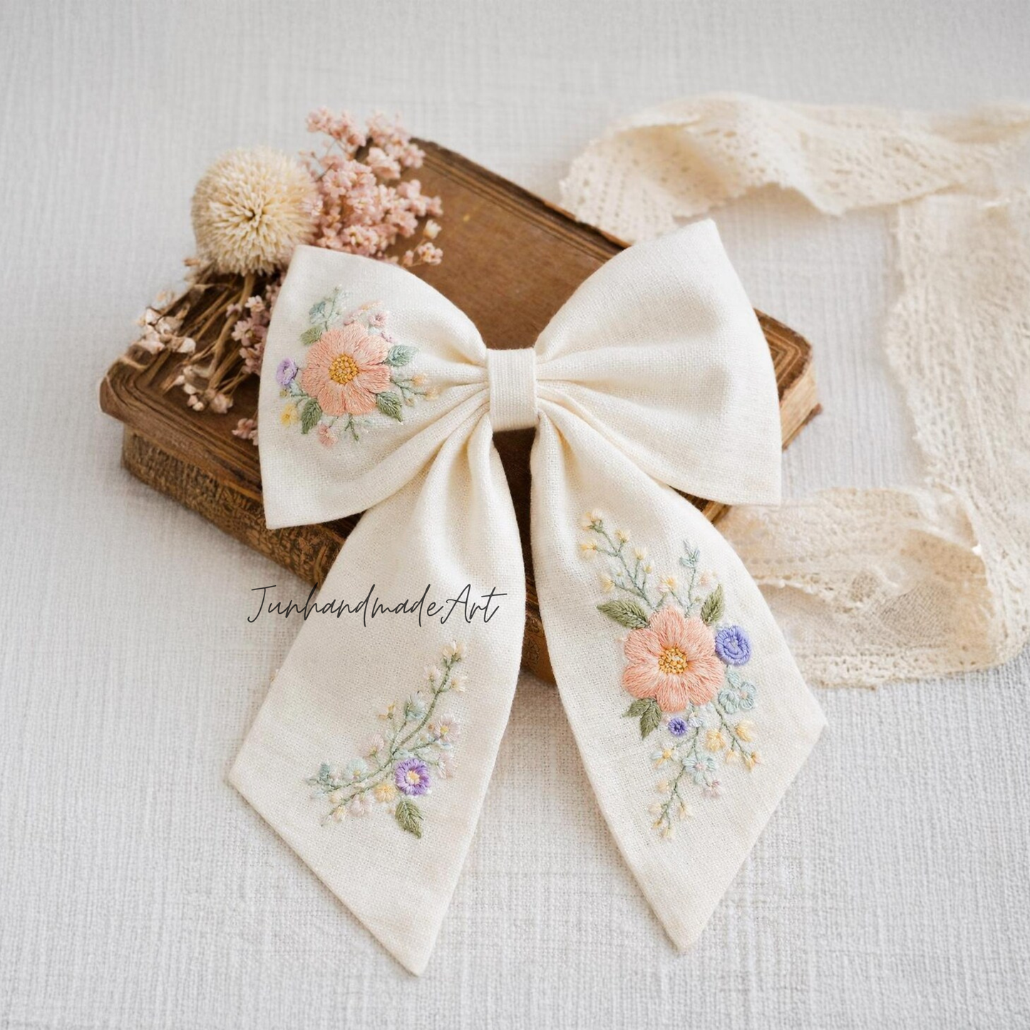 Personalized Linen Hair Bow – Hand Embroidered Flower Bow with Initial – Custom Name Text Bow for Girls, Handmade Hairpin Bow for Girl