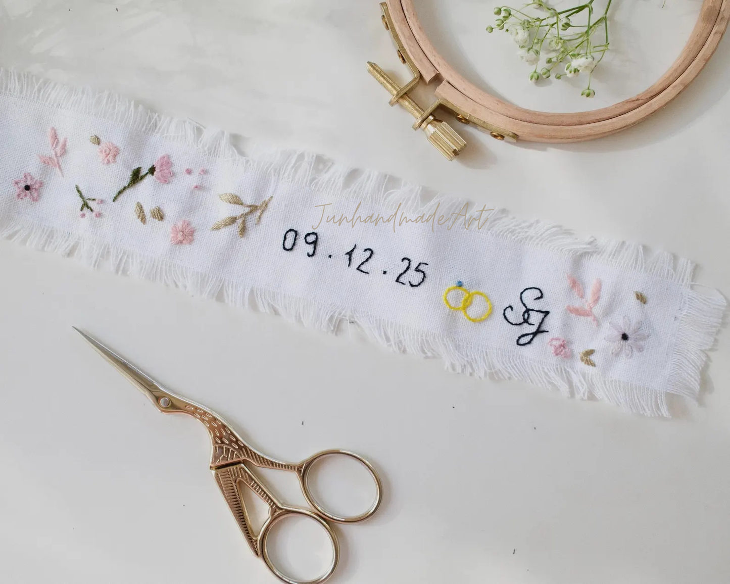 Personalized Embroidered Wedding Ribbon – Custom Linen Tie for Bouquet or Hair, Hand-stitched with Names & Date, Bridal Keepsake Gift