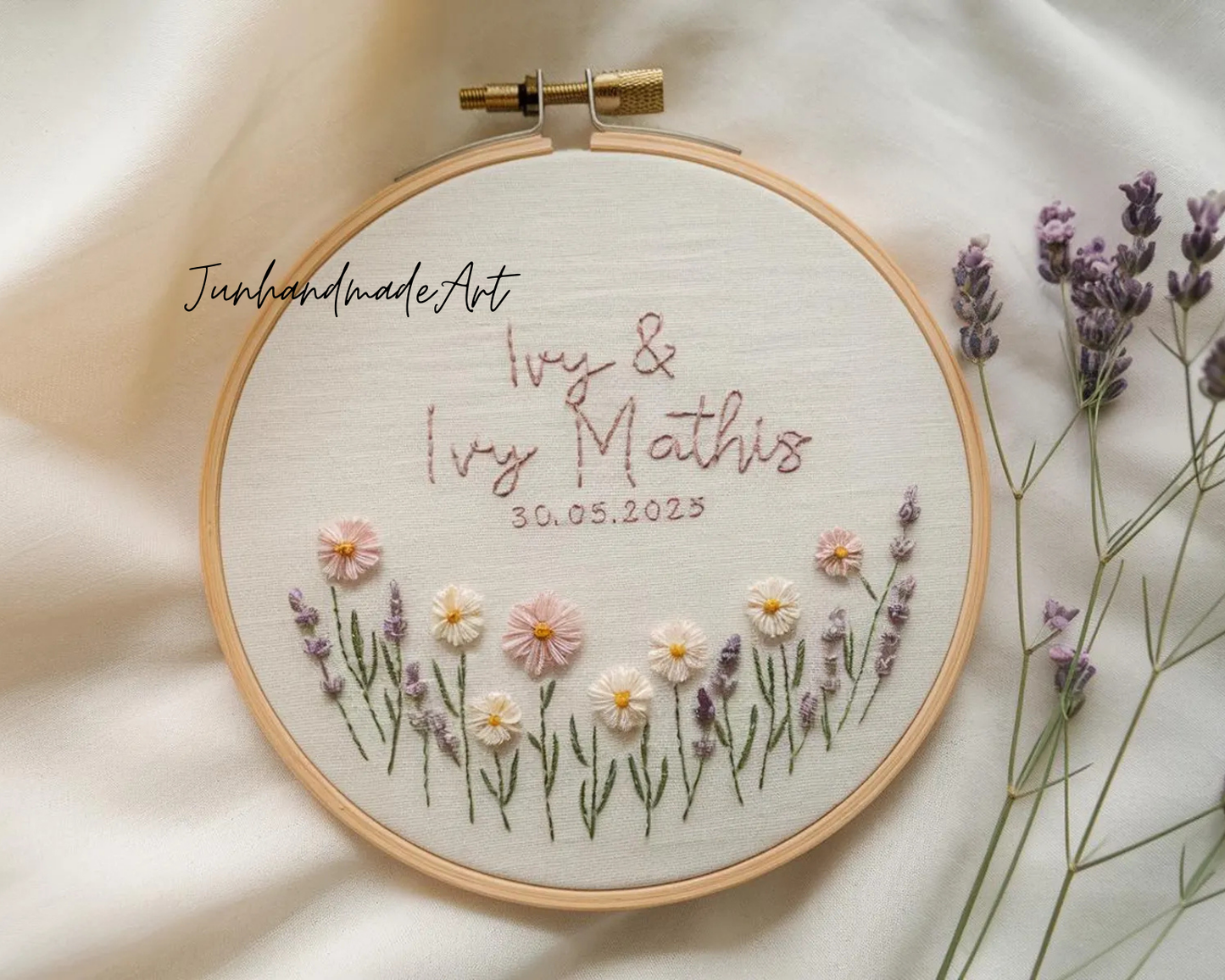 Custom Wedding Embroidery Hoop with Flowers and Names – Personalized Hand Embroidered Wildflowers Gift for Couple, Anniversary