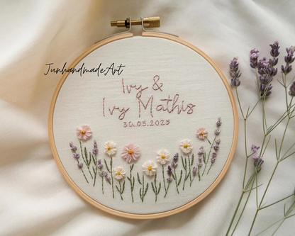 Custom Wedding Embroidery Hoop with Flowers and Names – Personalized Hand Embroidered Wildflowers Gift for Couple, Anniversary