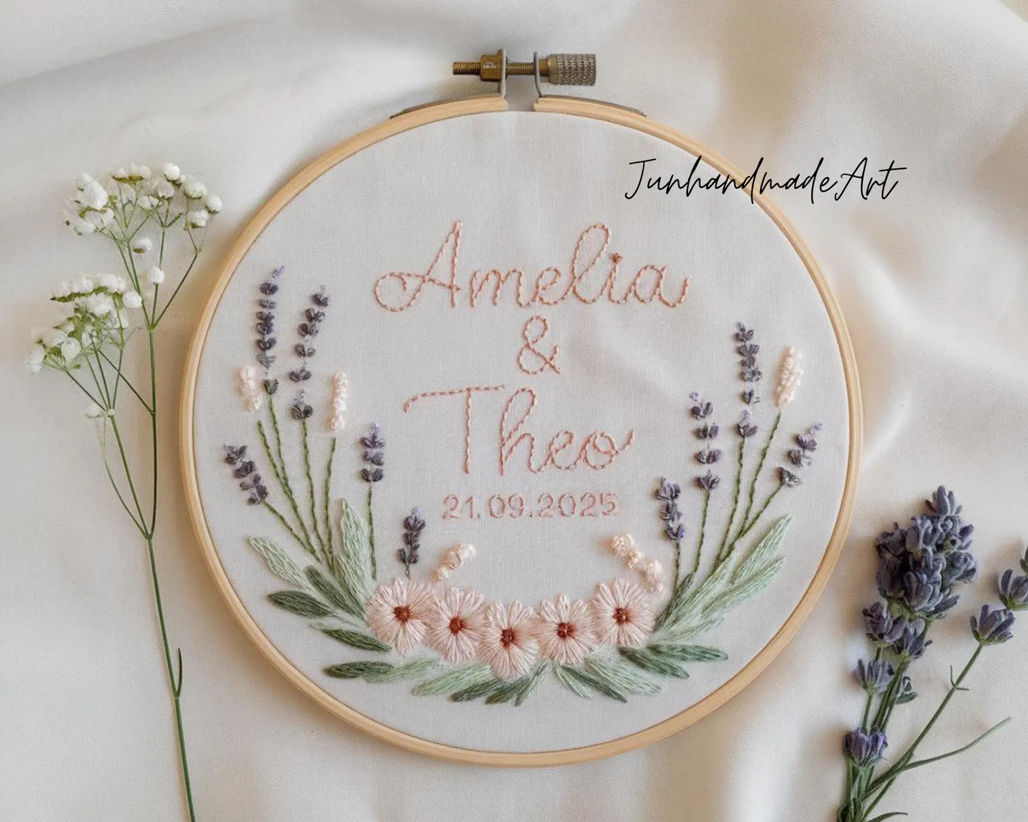 Custom Wedding Embroidery Hoop with Flowers and Names – Personalized Hand Embroidered Wildflowers Gift for Couple, Anniversary