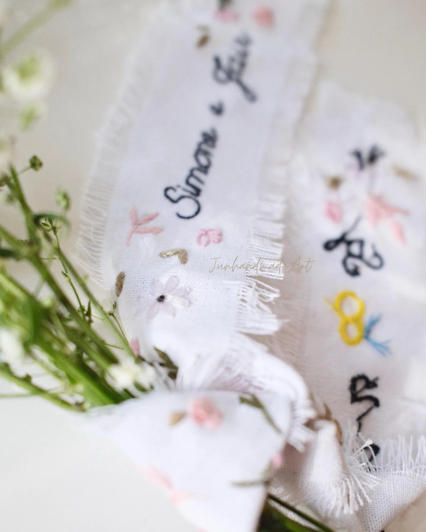 Personalized Embroidered Wedding Ribbon – Custom Linen Tie for Bouquet or Hair, Hand-stitched with Names & Date, Bridal Keepsake Gift