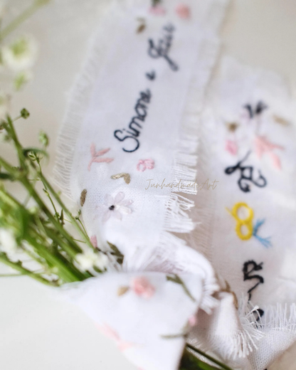 Personalized Embroidered Wedding Ribbon – Custom Linen Tie for Bouquet or Hair, Hand-stitched with Names & Date, Bridal Keepsake Gift