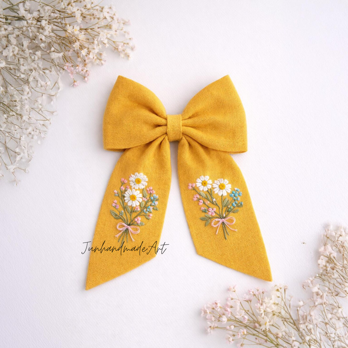 Personalized Linen Hair Bow – Hand Embroidered Flower Bow with Initial – Custom Name Text Bow for Girls, Handmade Hairpin Bow for Girl