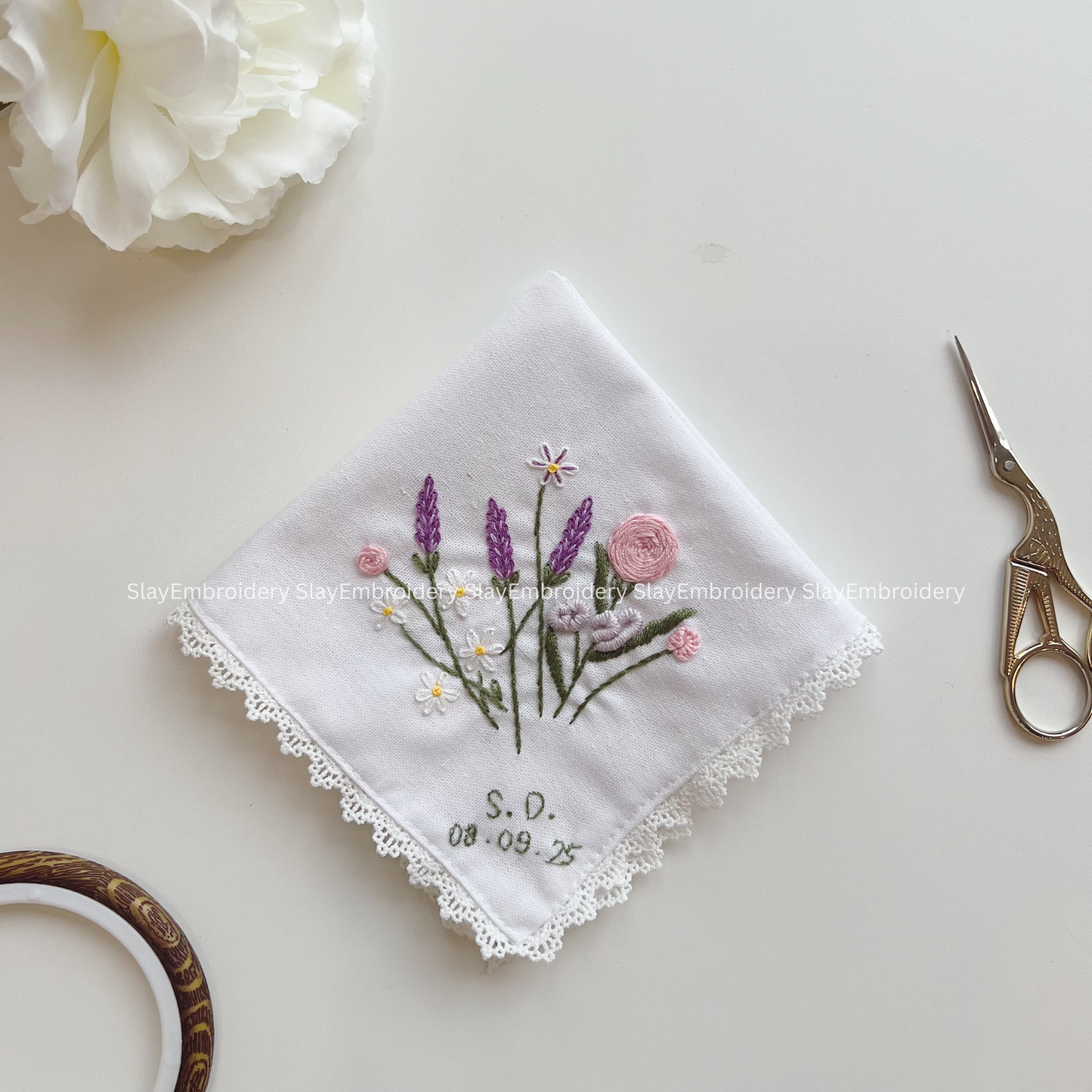 Cottage Garden Wedding Handkerchief, Custom Embroidered Handkerchief, Linen Handkerchiefs