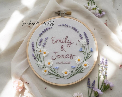 Custom Wedding Embroidery Hoop with Flowers and Names – Personalized Hand Embroidered Wildflowers Gift for Couple, Anniversary