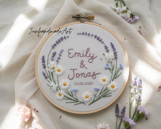 Custom Wedding Embroidery Hoop with Flowers and Names – Personalized Hand Embroidered Wildflowers Gift for Couple, Anniversary