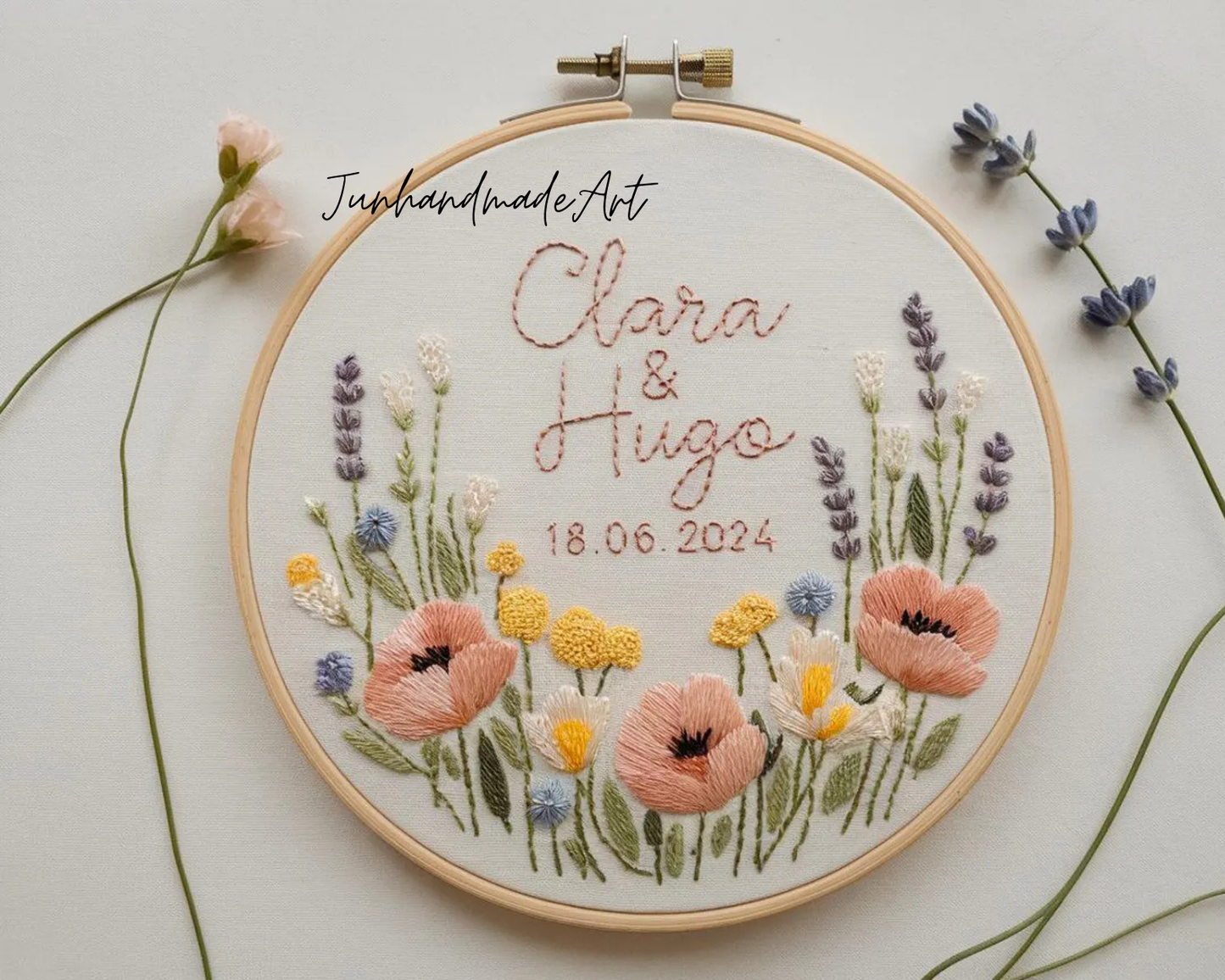 Custom Wedding Embroidery Hoop with Flowers and Names – Personalized Hand Embroidered Wildflowers Gift for Couple, Anniversary
