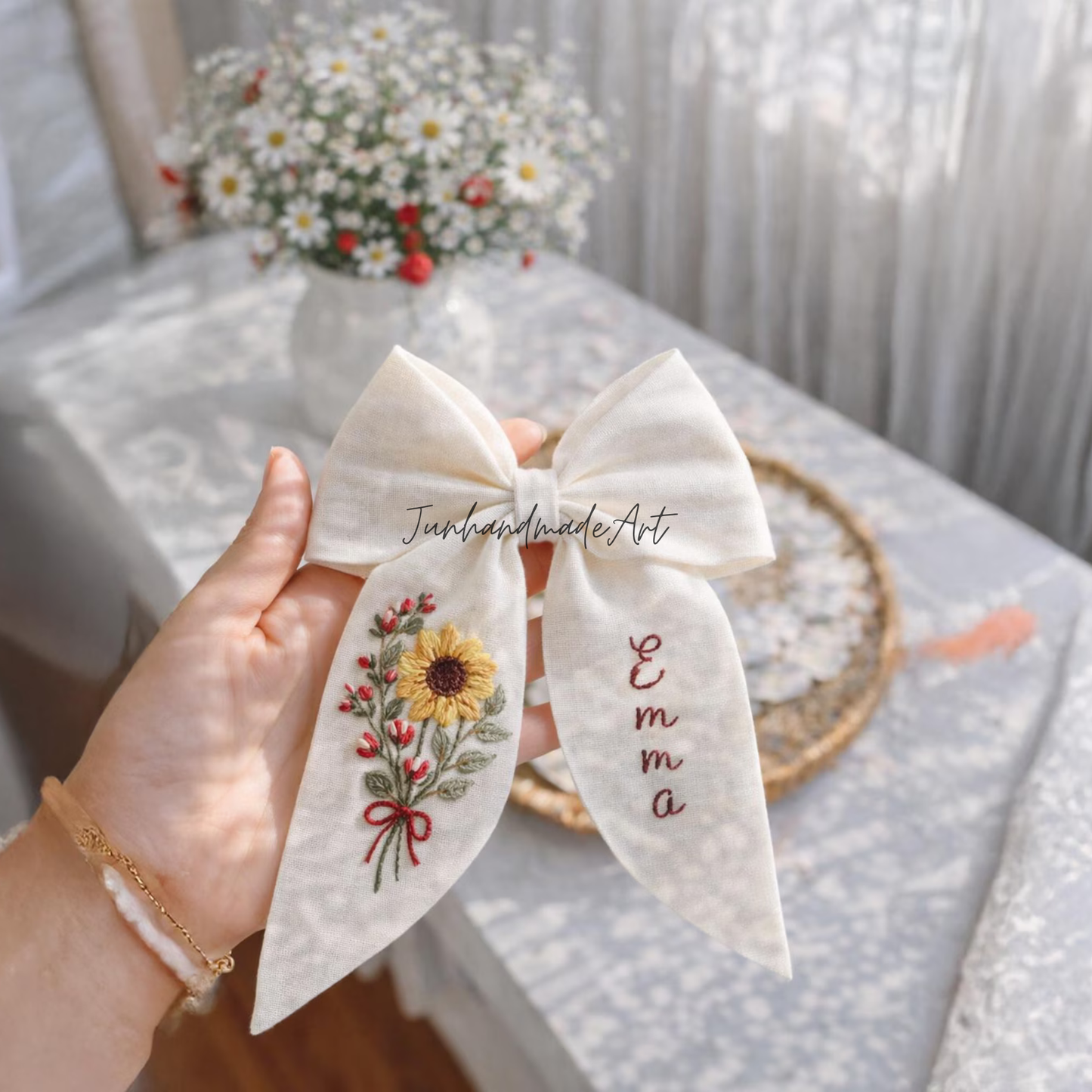 Personalized Linen Hair Bow – Hand Embroidered Flower Bow with Initial – Custom Name Text Bow for Girls, Handmade Hairpin Bow for Girl