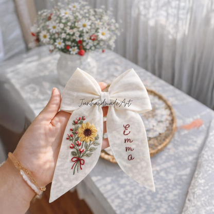 Personalized Linen Hair Bow – Hand Embroidered Flower Bow with Initial – Custom Name Text Bow for Girls, Handmade Hairpin Bow for Girl