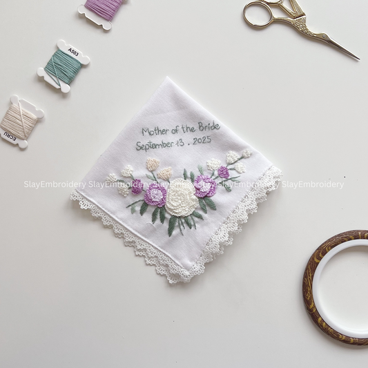 3D White and Purple Roses Wedding Handkerchief, Custom Embroidered Handkerchief, Linen Handkerchiefs