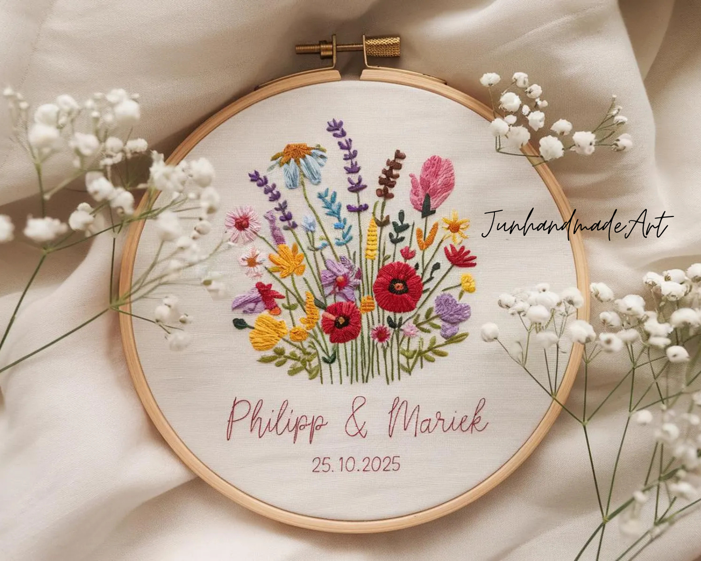 Custom Wedding Embroidery Hoop with Flowers and Names – Personalized Hand Embroidered Wildflowers Gift for Couple, Anniversary