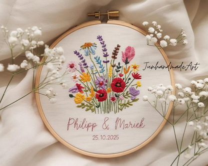Custom Wedding Embroidery Hoop with Flowers and Names – Personalized Hand Embroidered Wildflowers Gift for Couple, Anniversary