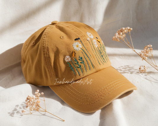 Daisy Parade Summer Hand Embroidery Hat Vintage Hat Washed Baseball Cap