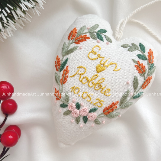 Holiday Wreath Christmas Heart Ornament – Hand Embroidered Linen Floral Ornament – Custom Christmas Gift Decoration