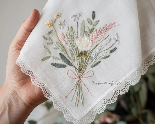 Embroidered Wedding Handkerchief – Custom Floral Hankie for Bride, Bridal Gift, Personalized with Name & Date, Gift for Bride