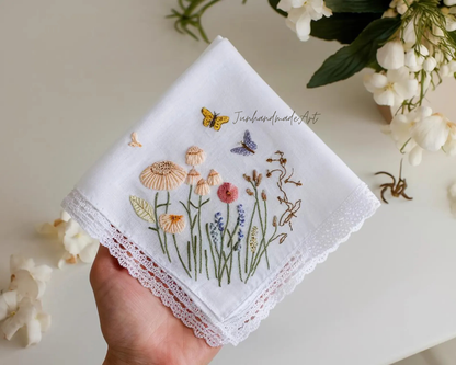 Embroidered Wedding Handkerchief – Custom Floral Hankie for Bride, Bridal Gift, Personalized with Name & Date, Gift for Bride