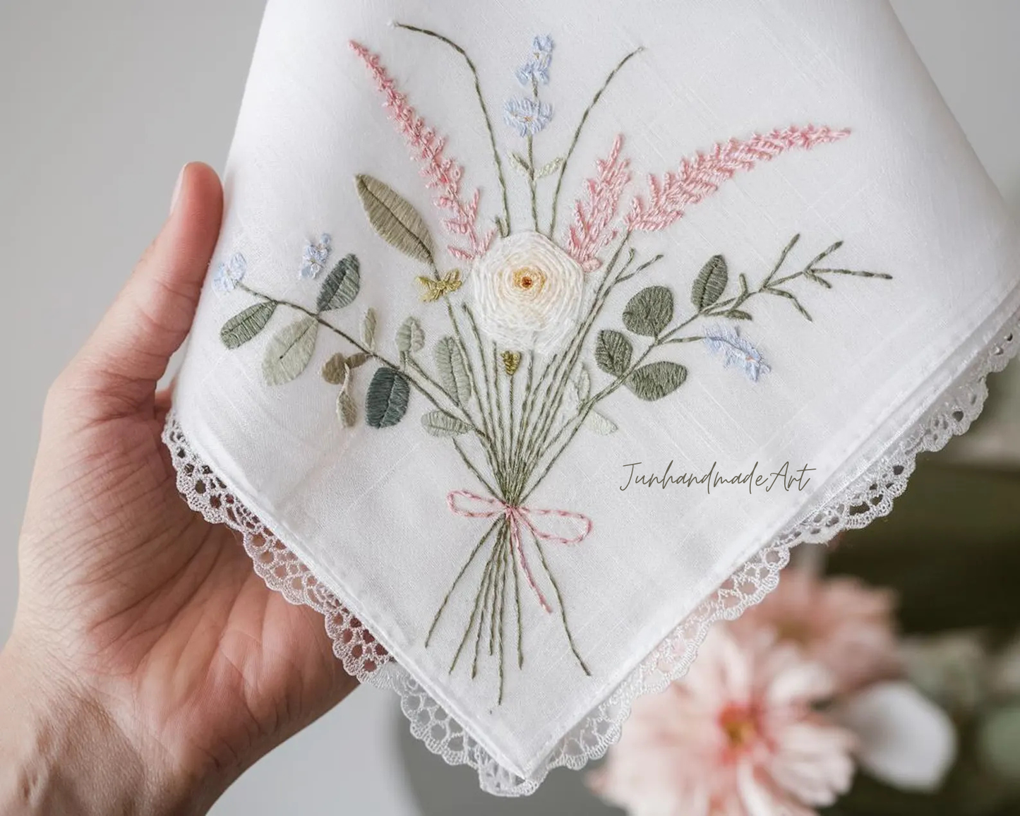 Embroidered Wedding Handkerchief – Custom Floral Hankie for Bride, Bridal Gift, Personalized with Name & Date, Gift for Bride