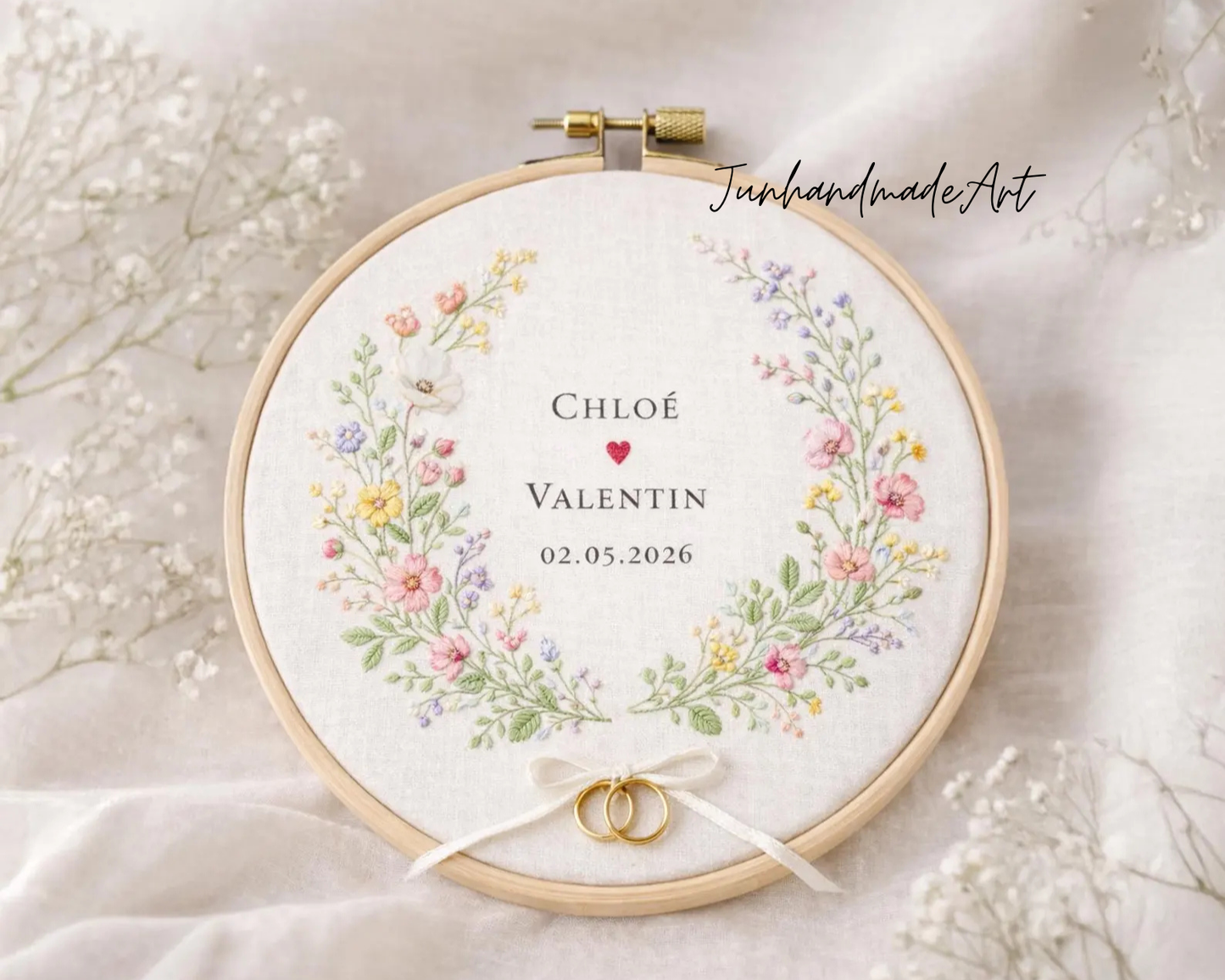 Custom Wedding Embroidery Hoop with Flowers and Names – Personalized Hand Embroidered Wildflowers Gift for Couple, Anniversary