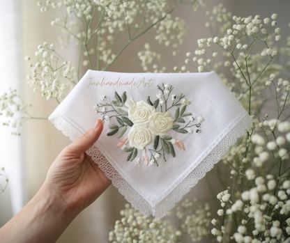 Embroidered Wedding Handkerchief – Custom Floral Hankie for Bride, Bridal Gift, Personalized with Name & Date, Gift for Bride