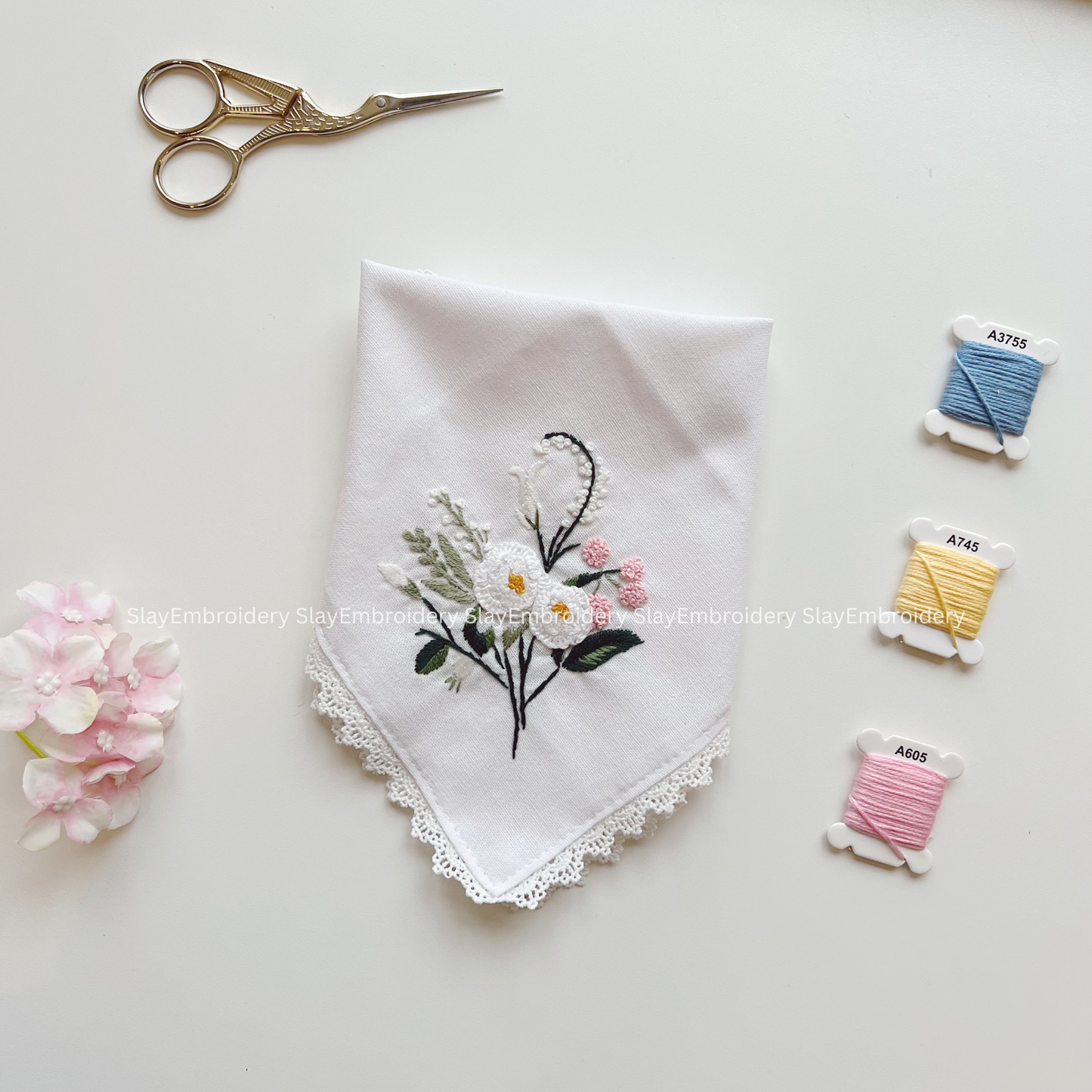 Gentle Blossoms Wedding Handkerchief, Custom Embroidered Handkerchief, Linen Handkerchiefs