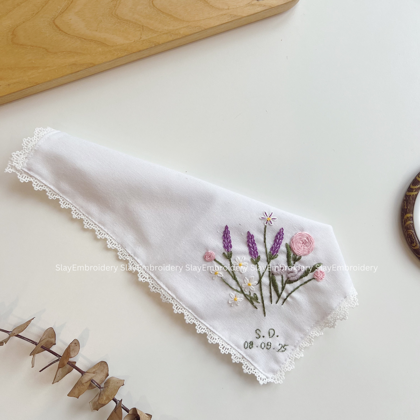 Cottage Garden Wedding Handkerchief, Custom Embroidered Handkerchief, Linen Handkerchiefs