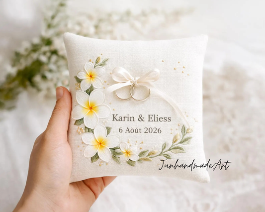 Personalized Embroidered Ring Bearer Pillow, Custom Linen Wedding Cushion, Hand Embroidery Ring Holder, Floral Ring Pillow, Wedding Gift