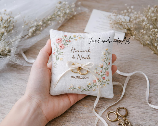 Valentine Gift for Couple – Personalized Wedding Ring Pillow with Names & Date, Hand-Embroidered Keepsake Wedding Ring Pillow