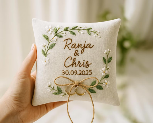 Personalized Embroidered Ring Bearer Pillow, Custom Linen Wedding Cushion, Hand Embroidery Ring Holder, Floral Ring Pillow, Wedding Gift