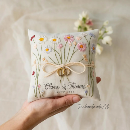 Personalized Embroidered Ring Bearer Pillow, Custom Linen Wedding Cushion, Hand Embroidery Ring Holder, Floral Ring Pillow, Wedding Gift