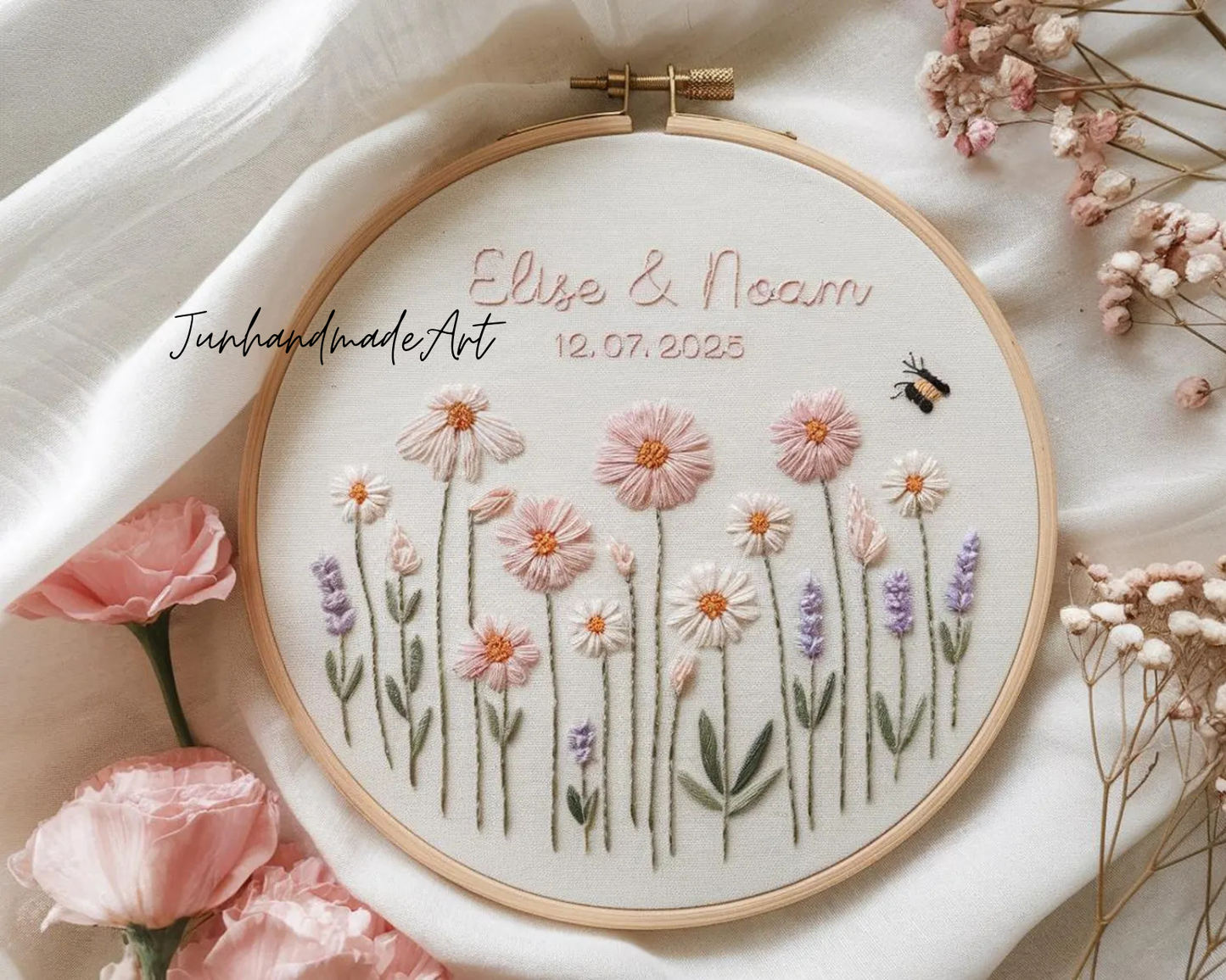 Custom Wedding Embroidery Hoop with Flowers and Names – Personalized Hand Embroidered Wildflowers Gift for Couple, Anniversary