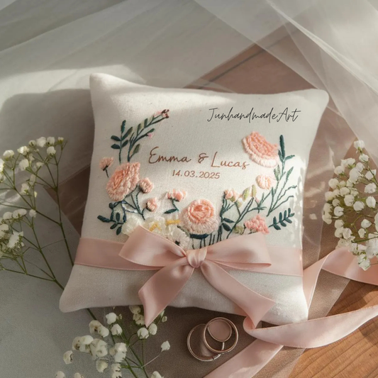 Personalized Embroidered Ring Bearer Pillow, Custom Linen Wedding Cushion, Hand Embroidery Ring Holder, Floral Ring Pillow, Wedding Gift