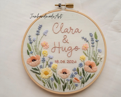 Custom Wedding Embroidery Hoop with Flowers and Names – Personalized Hand Embroidered Wildflowers Gift for Couple, Anniversary
